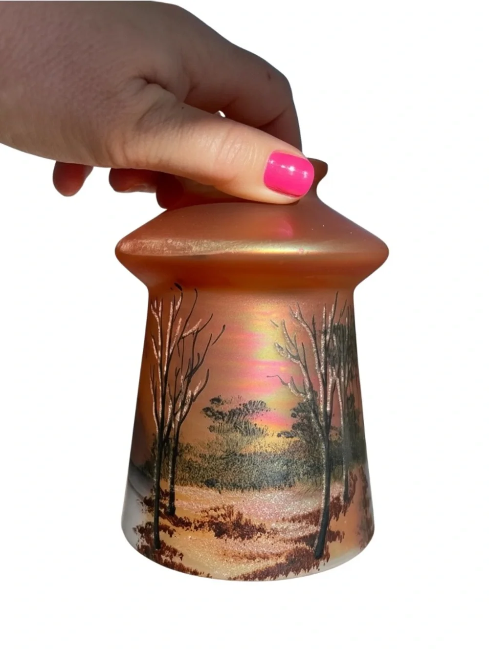 Carnival glass lamp shade from the early 1900’s, depicts a winter scene